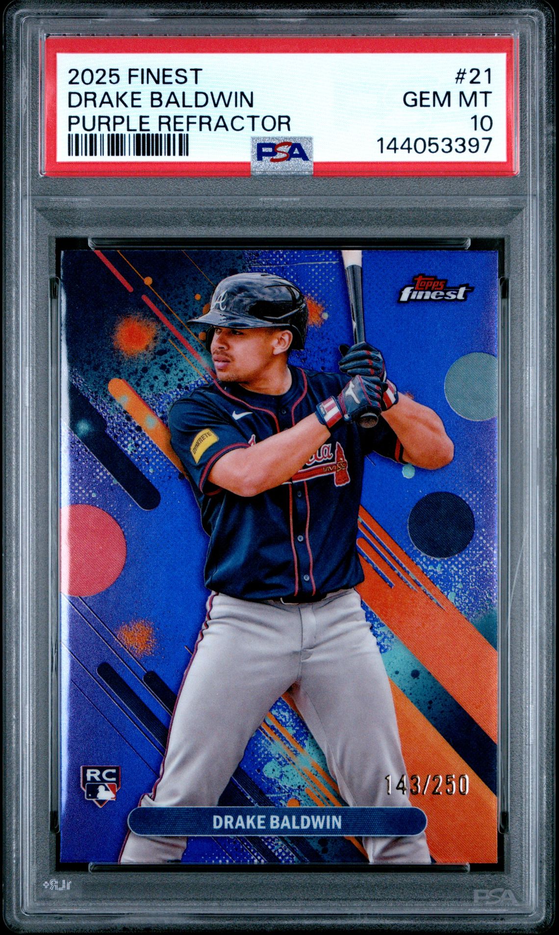 2025 Topps Finest Drake Baldwin #21 (Purple Refractor) Gem Mt 10 front view - PSA graded GEM MT 10