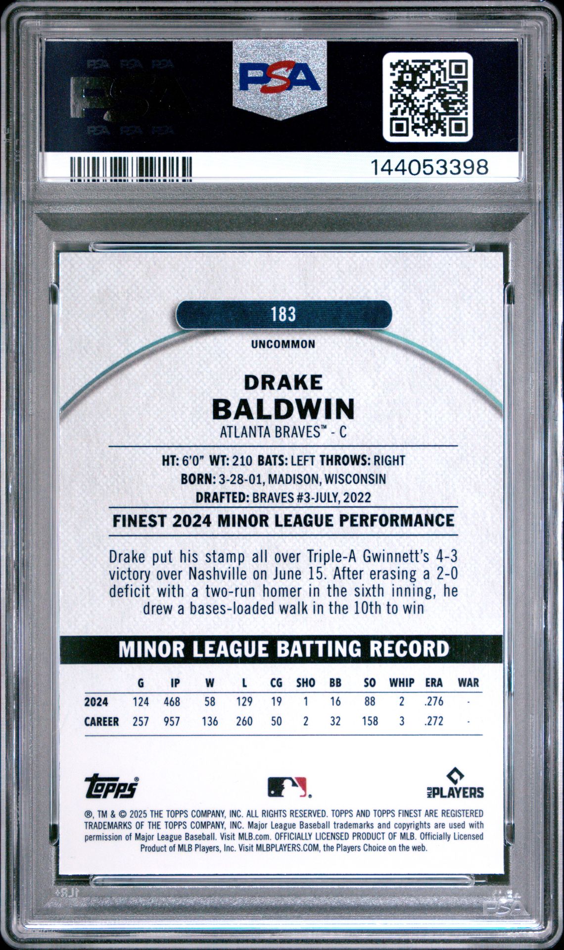 2025 Topps Finest Drake Baldwin #183 (Blue Refractor) Gem Mt 10 back