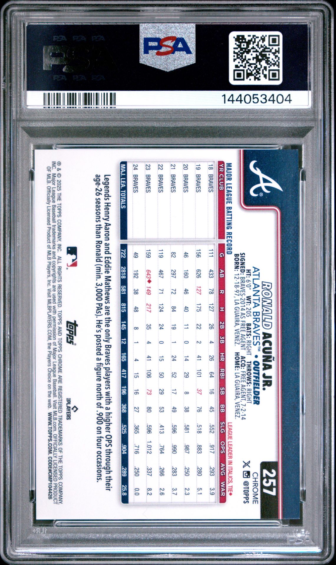 2025 Topps Chrome Sapphire Ronald Acuna Jr. #257 (Gold) Gem Mt 10 back view - PSA certificate #144053404