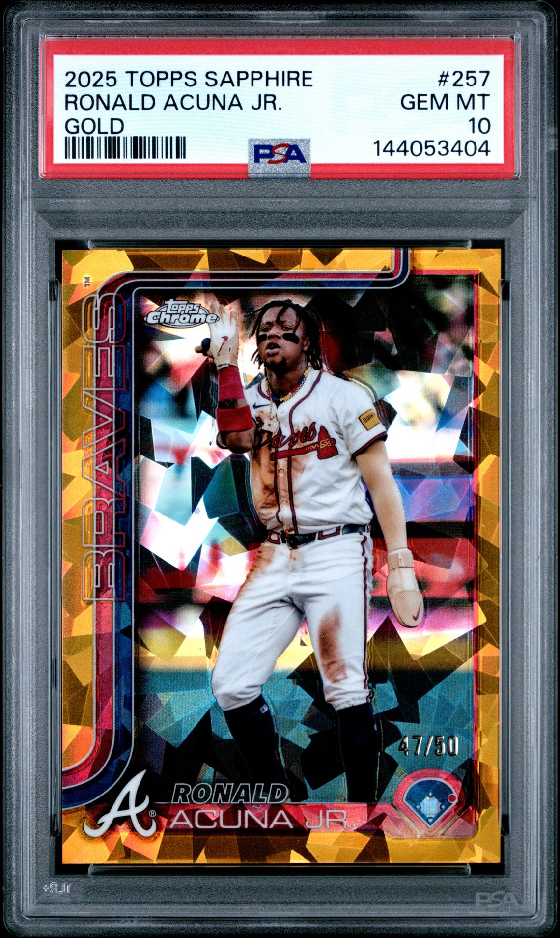 2025 Topps Chrome Sapphire Ronald Acuna Jr. #257 (Gold) Gem Mt 10 front view - PSA graded GEM MT 10