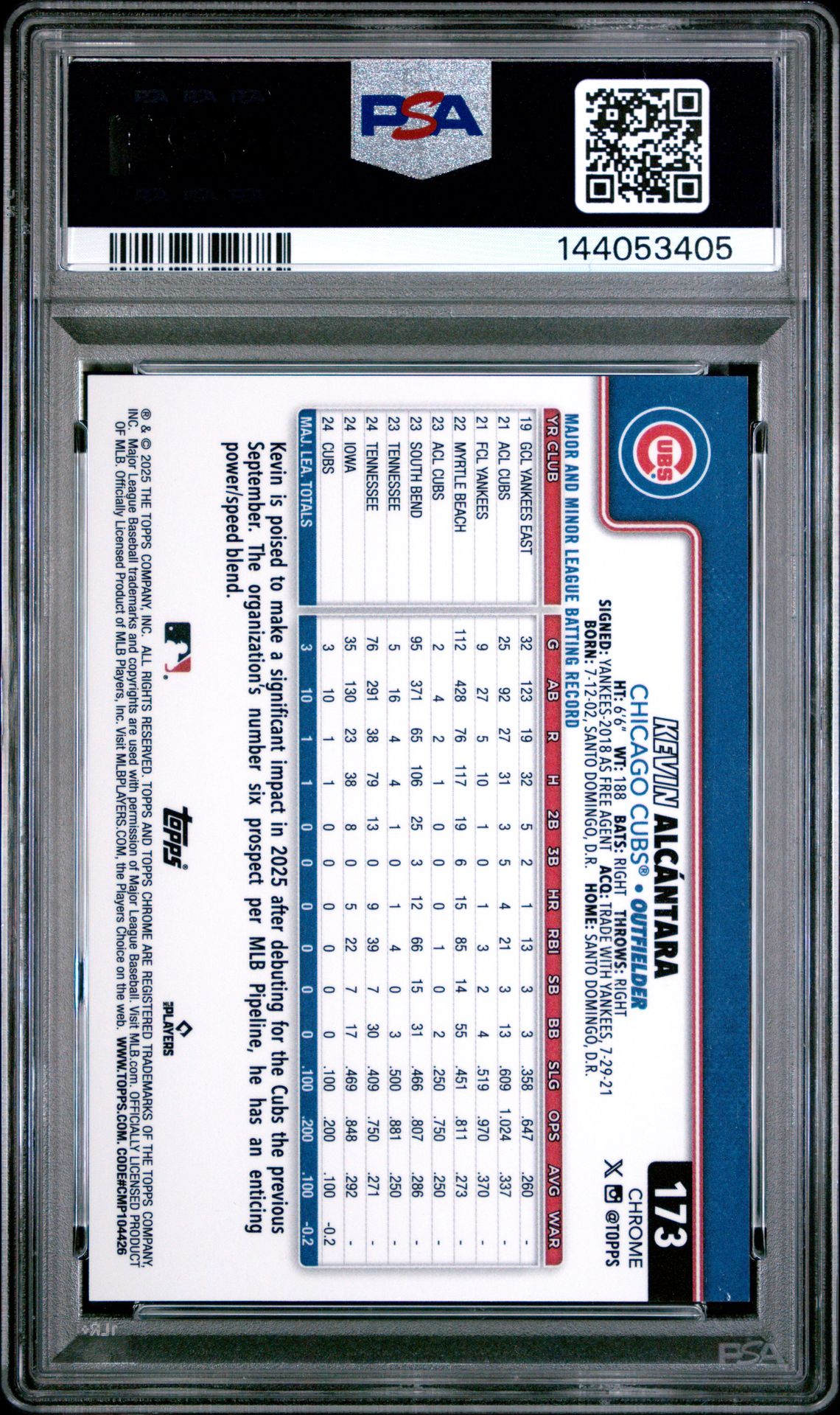 2025 Topps Chrome Kevin Alcantara #173 (Black Geometric) Gem Mt 10 back view - PSA certificate #144053405