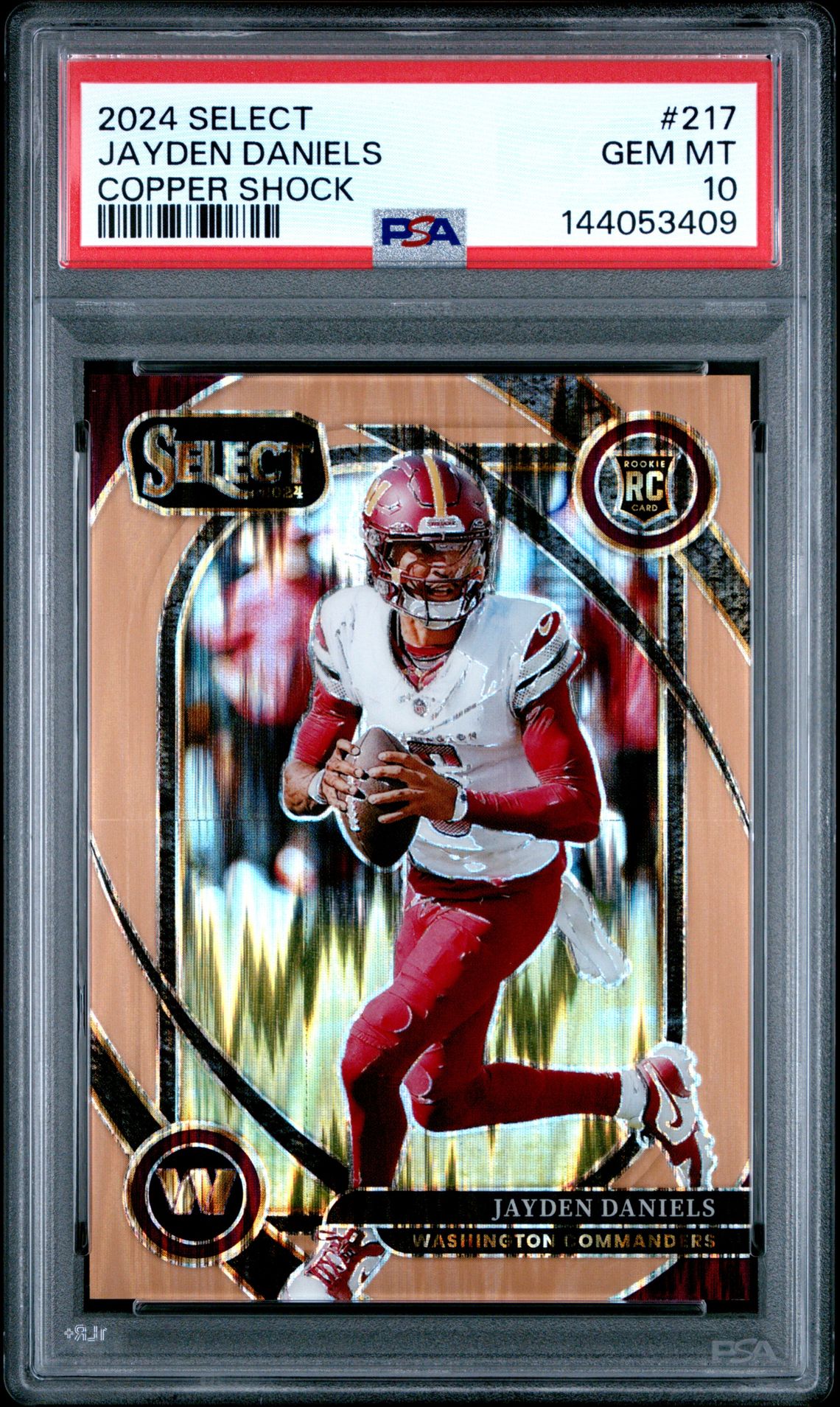 2024 Panini Select Jayden Daniels #217 (Copper Shock) Gem Mt 10 front view - PSA graded GEM MT 10