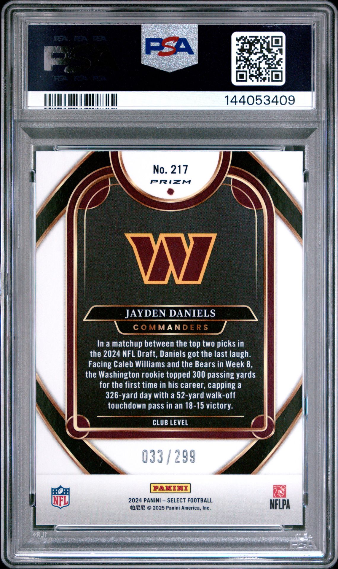 2024 Panini Select Jayden Daniels #217 (Copper Shock) Gem Mt 10 back view - PSA certificate #144053409