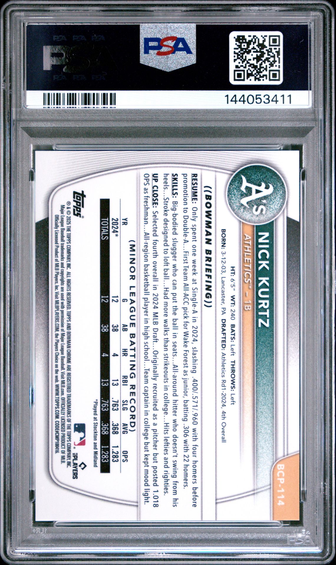 2025 Bowman Chrome Prospects Nick Kurtz #Bcp114 (Chr Pros-Orange Reptilian) Gem Mt 10 back view - PSA certificate #144053411