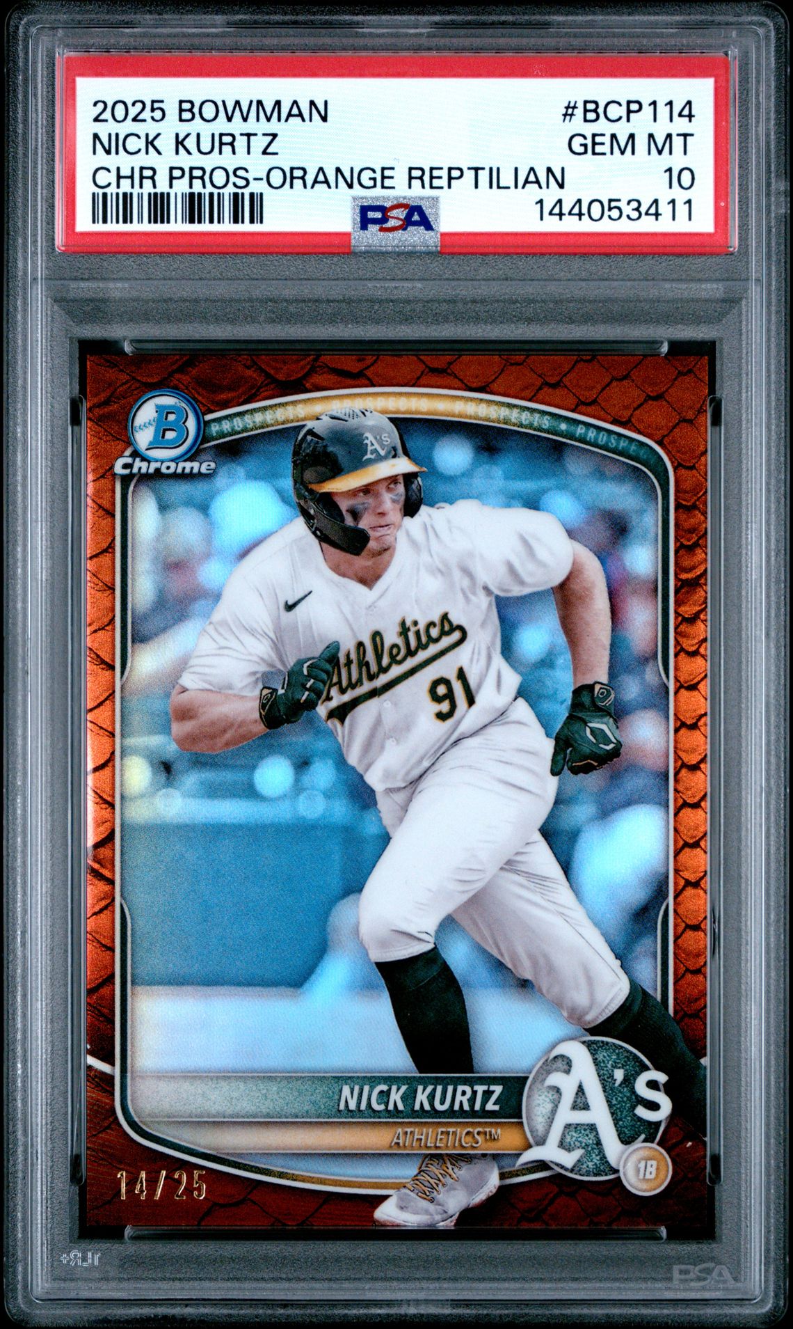 2025 Bowman Chrome Prospects Nick Kurtz #Bcp114 (Chr Pros-Orange Reptilian) Gem Mt 10 front view - PSA graded GEM MT 10