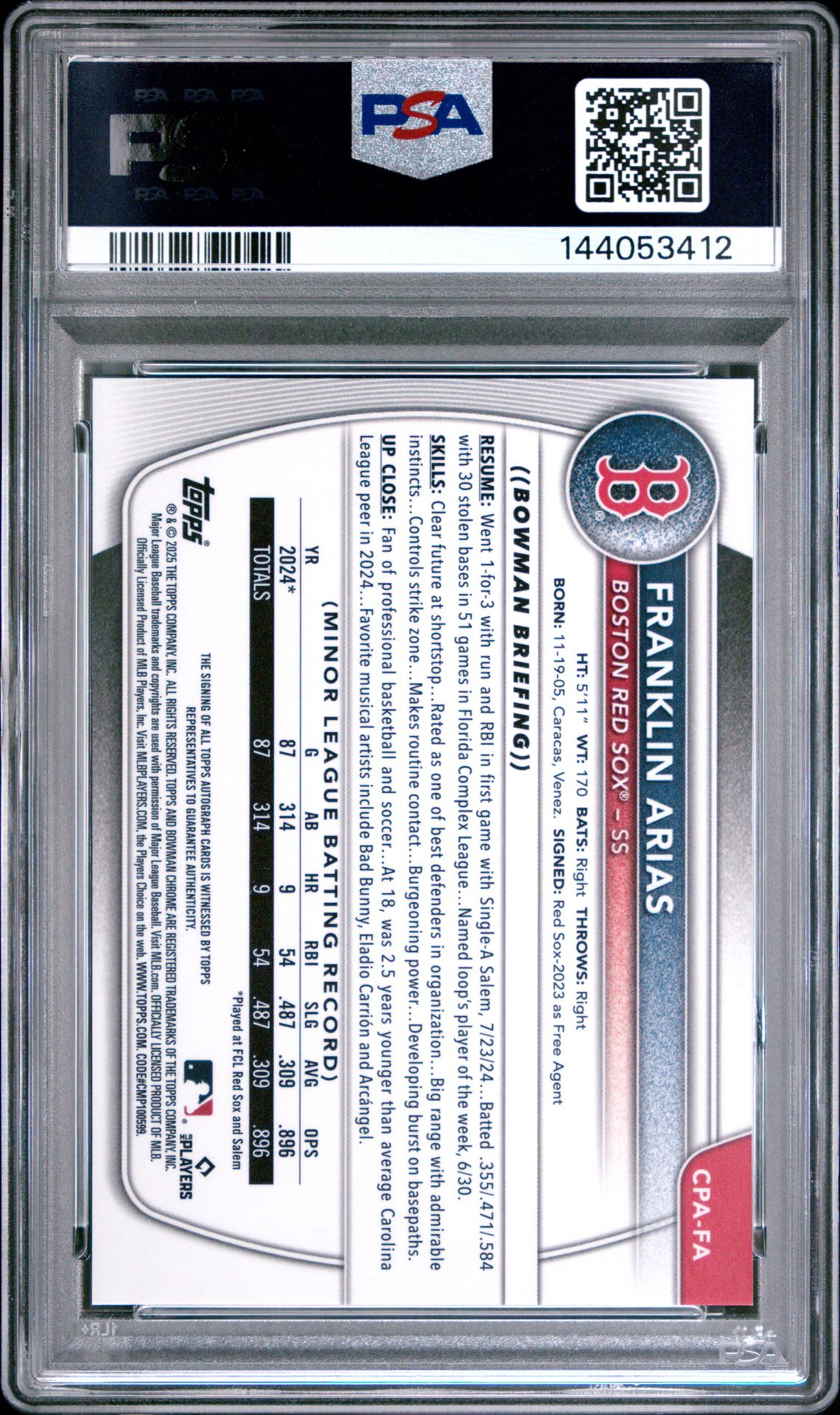 2025 BOWMAN CHROME PROSPECT AUTOGRAPHS FRANKLIN ARIAS  CPAFA GEM MT 10 back