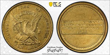 1852 $10 Humbert K-10b, "California" Left AU58
