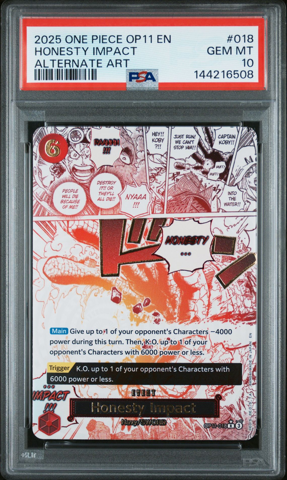 2025 One Piece Op11-A Fist Of Divine Speed Honesty Impact #018 (Alternate Art) Gem Mt 10 front