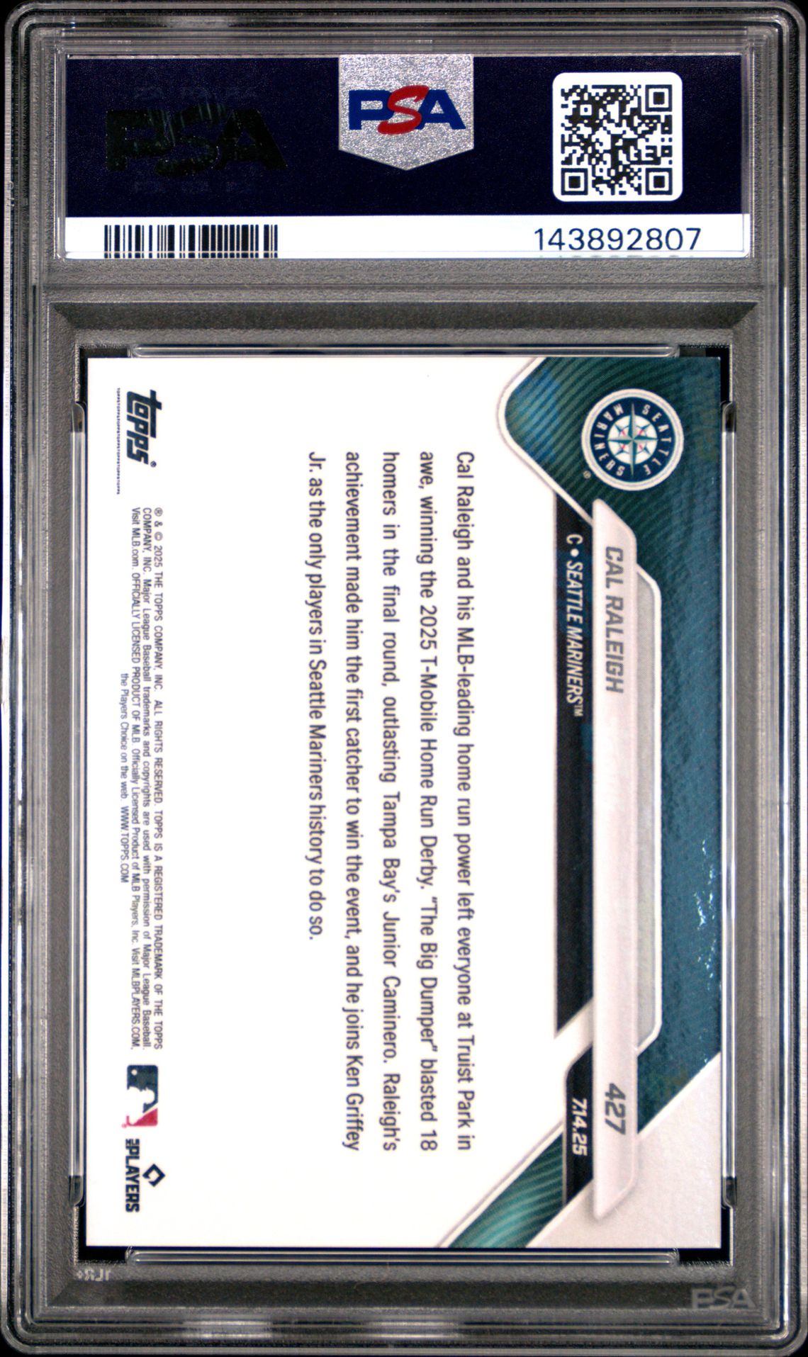 2025 Topps Now Cal Raleigh #427 Gem Mt 10 back