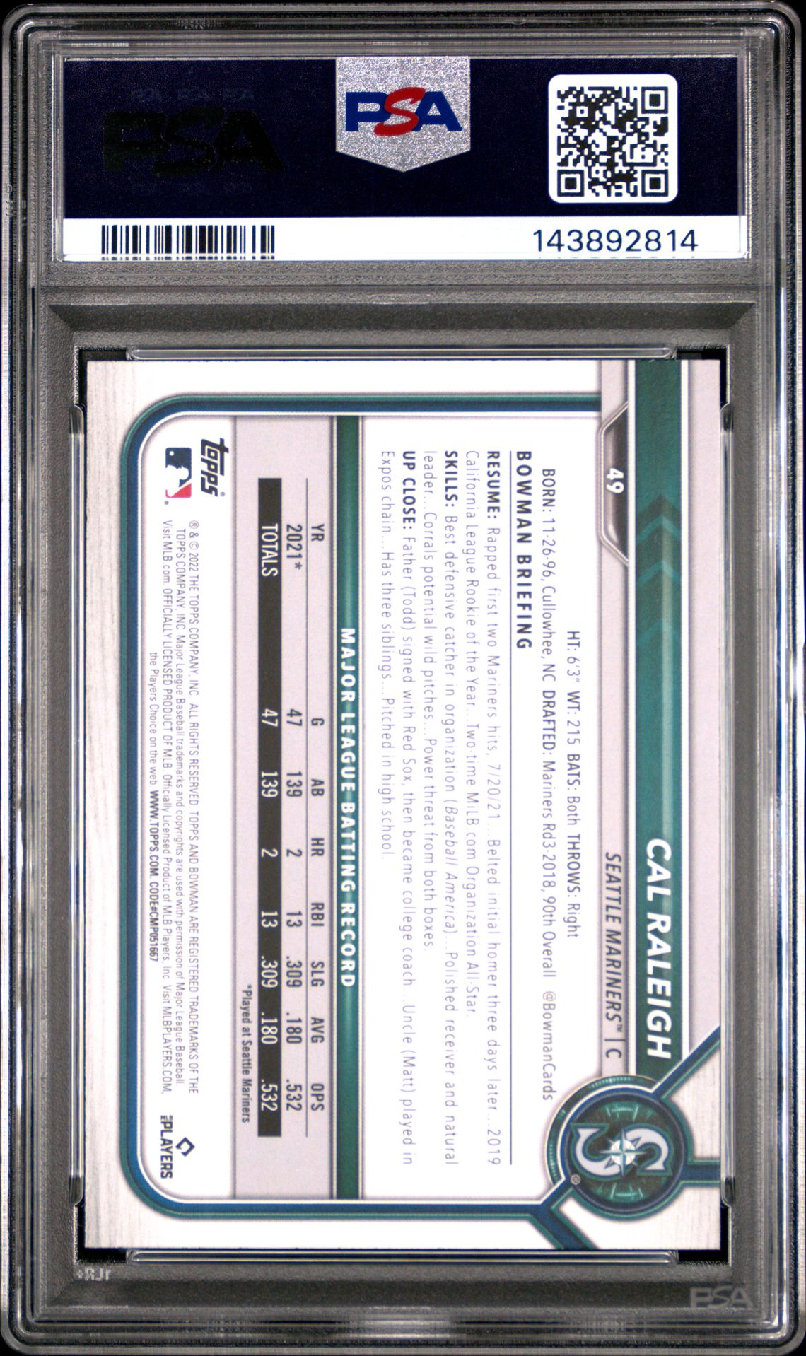 2022 Bowman Cal Raleigh #49 Mint 9 back