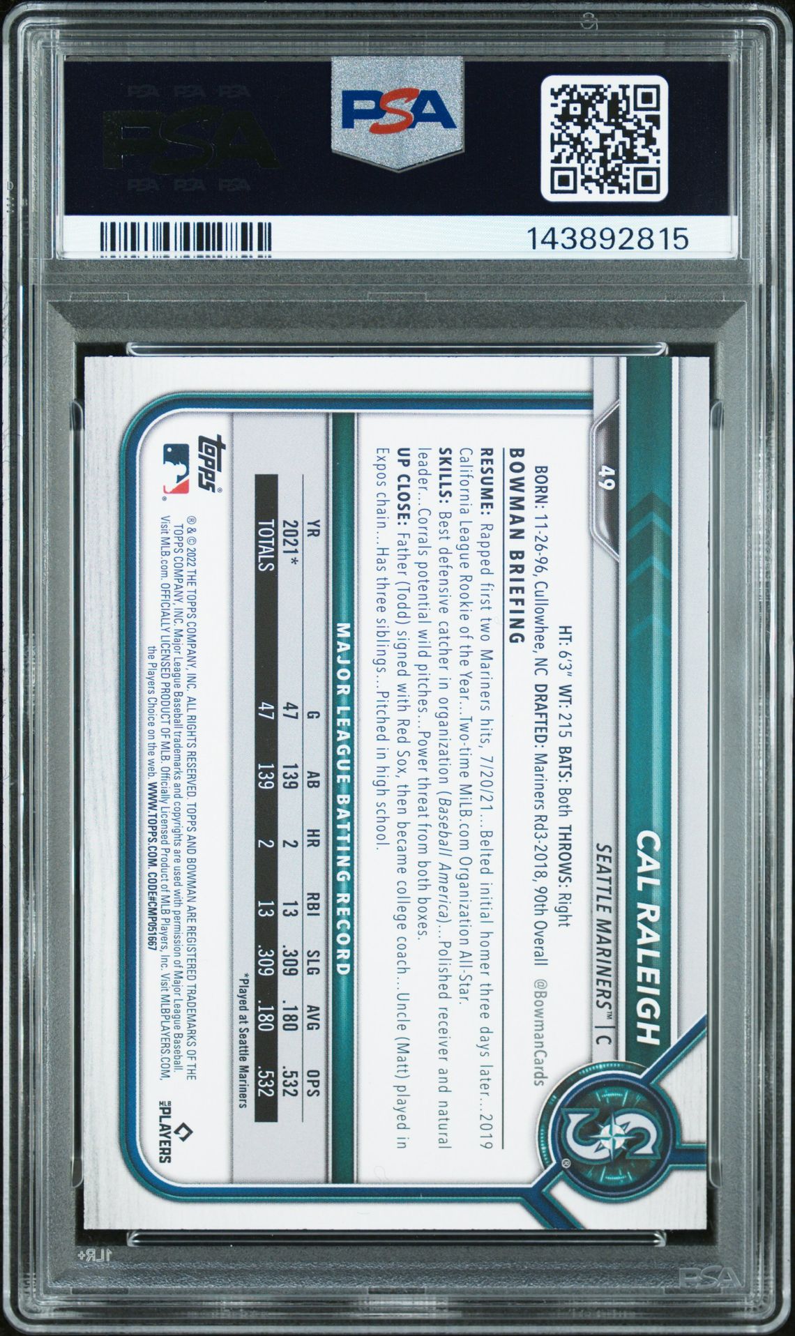 2022 Bowman Cal Raleigh #49 Mint 9 back