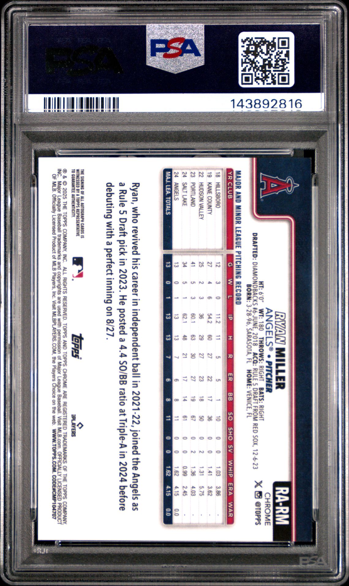 2025 Topps Chrome Rookie Autographs Ryan Miller #Rarm Mint 9 back