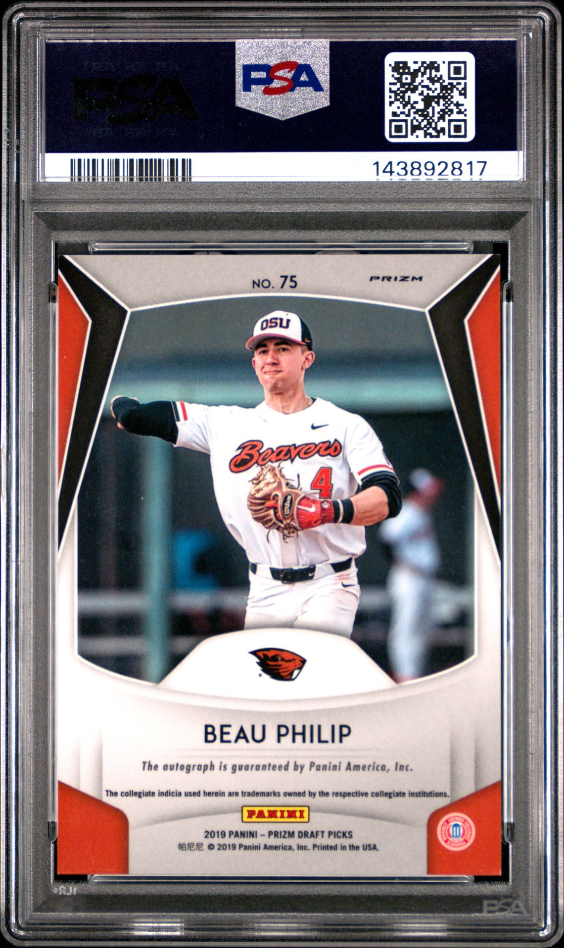 2019 Panini Prizm Draft Picks Autograph Beau Philip #75 (Autograph) Gem Mt 10 back