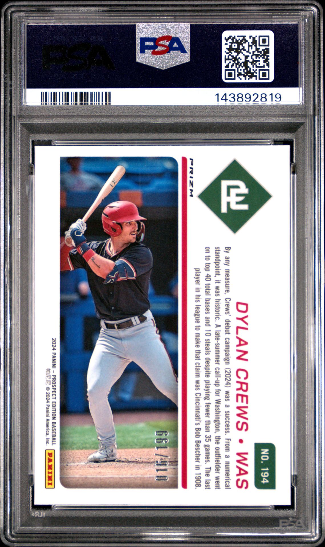 2024 Panini Prospect Edition Prospect Ticket Dylan Crews #194 (Prospect Ticket-Red) Mint 9 back