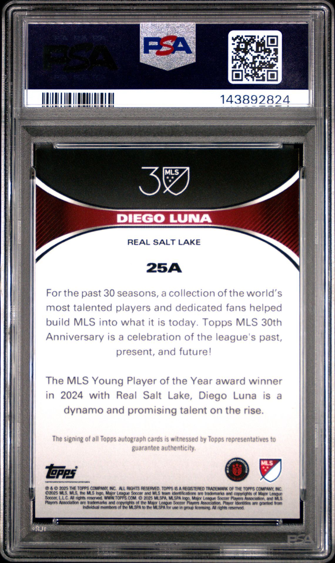 2025 Topps Mls 30Th Anniversary Collection Diego Luna #25A (Autograph-Gold Foil) Mint 9 back