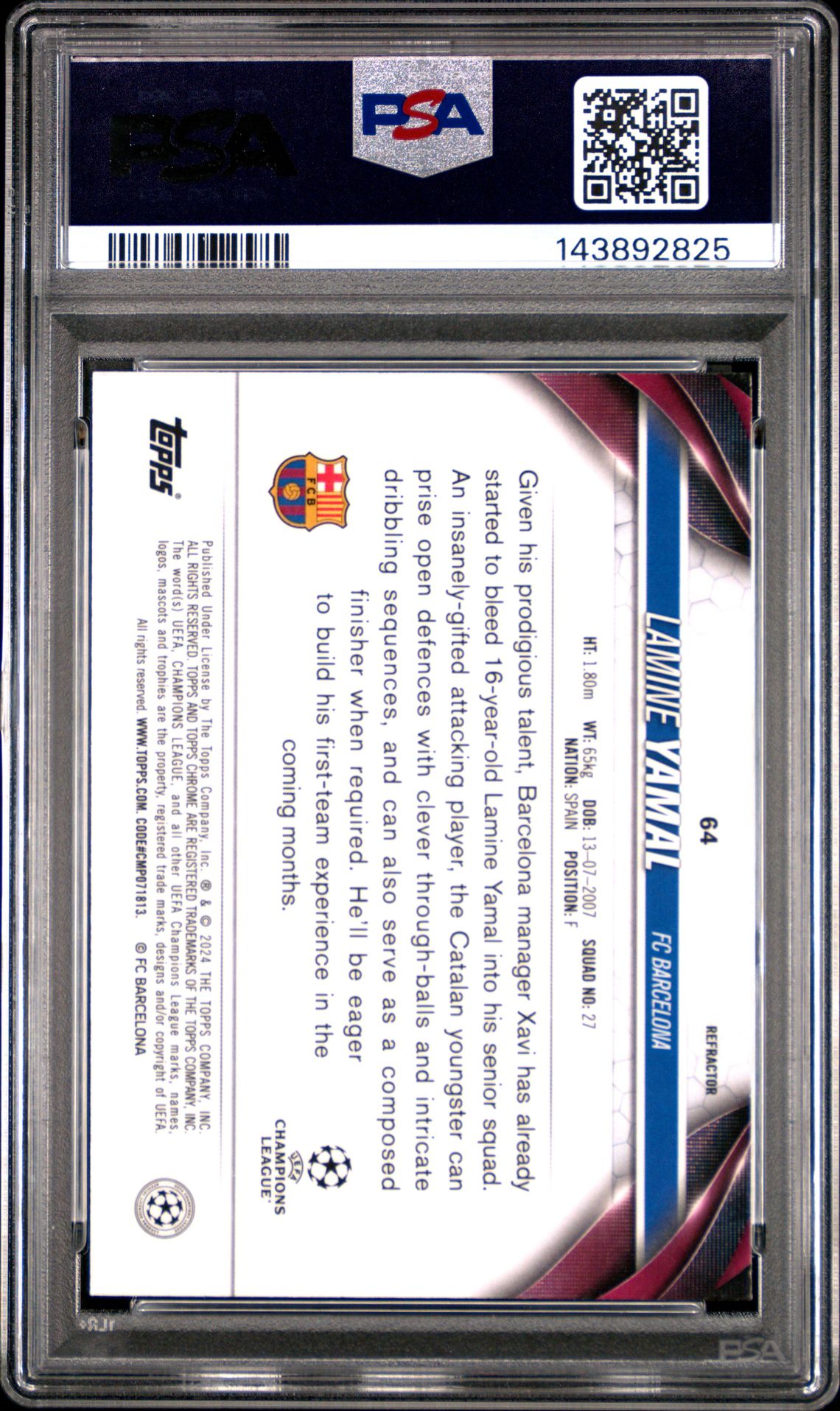2023-24 Topps Chrome Uefa Club Competitions Lamine Yamal #64 (Refractor) Mint 9 back