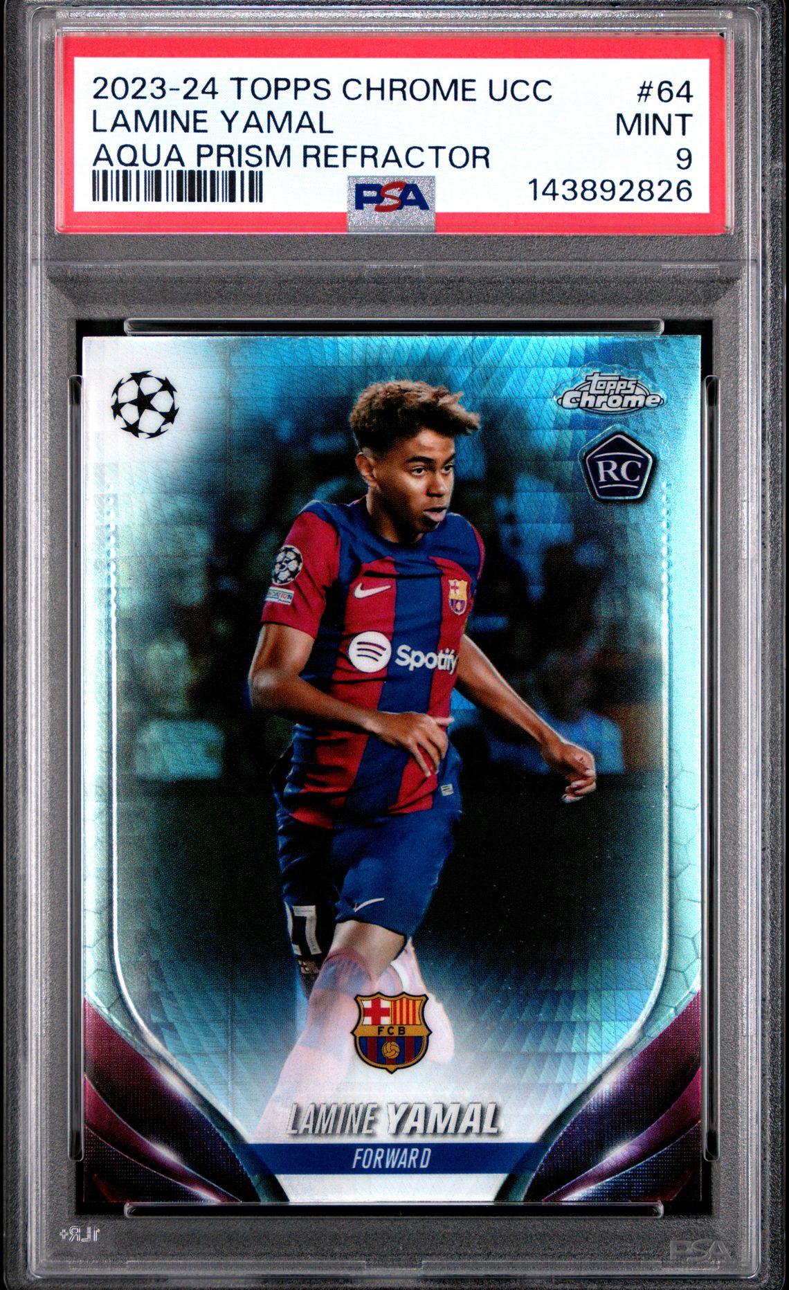 2023-24 Topps Chrome Uefa Club Competitions Lamine Yamal #64 (Aqua Prism Refractor) Mint 9 front
