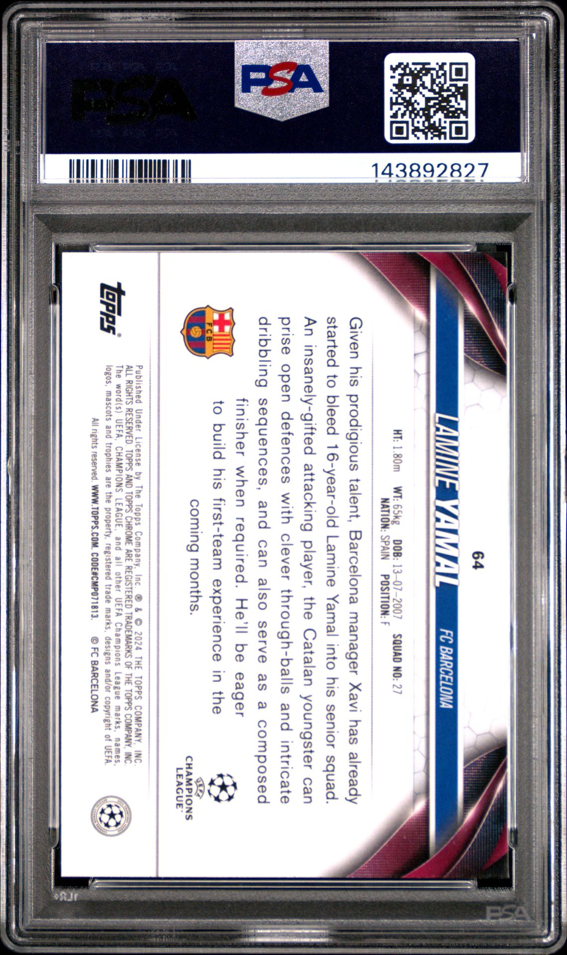 2023-24 Topps Chrome Uefa Club Competitions Lamine Yamal #64 (Aqua Prism Refractor) Gem Mt 10 back