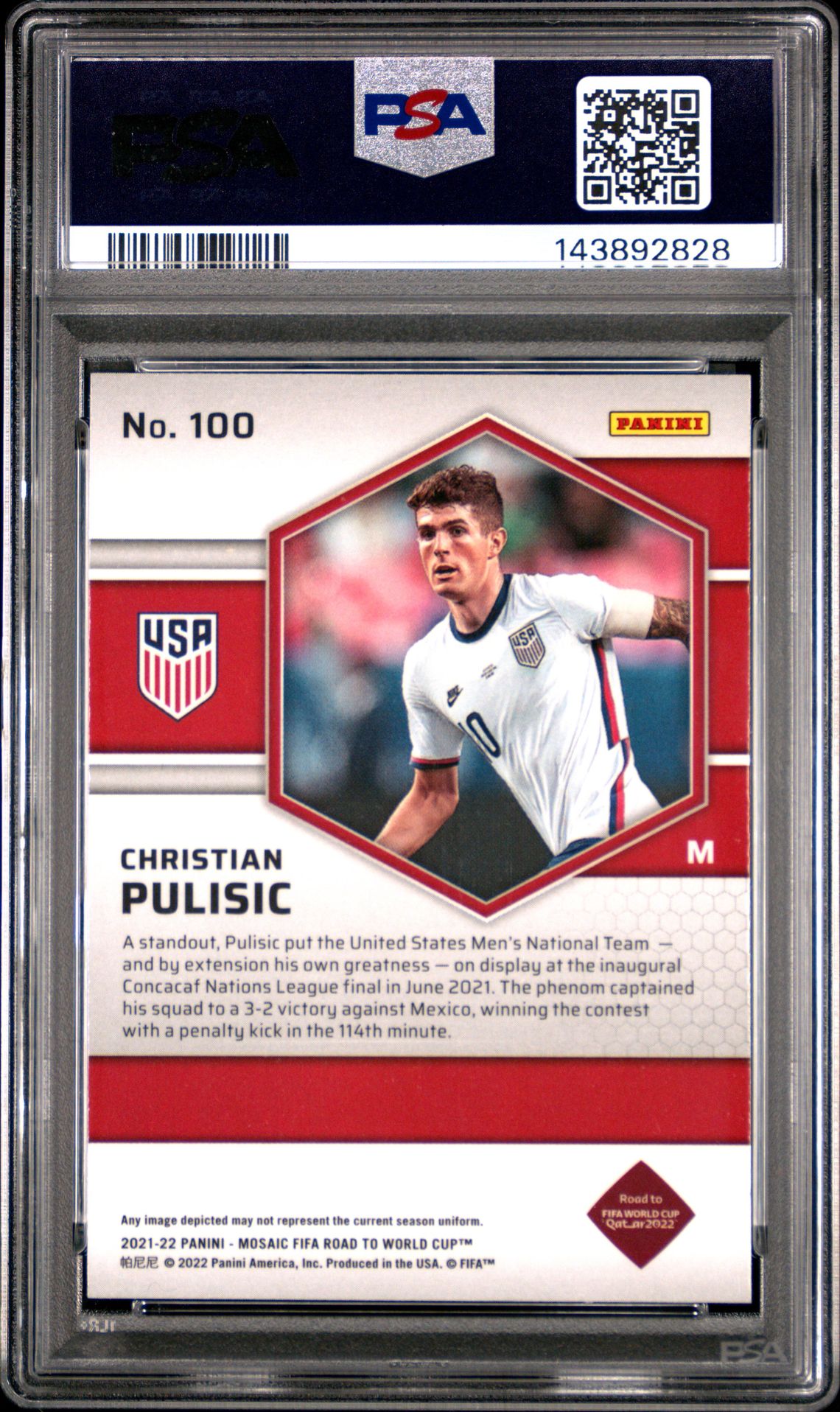 2021-2022 Panini Mosaic Fifa Road To World Cup Christian Pulisic #100 Gem Mt 10 back view - PSA certificate #143892828