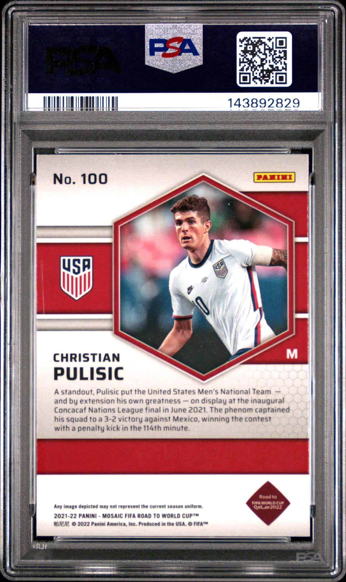 2021-2022 Panini Mosaic Fifa Road To World Cup Christian Pulisic #100 Gem Mt 10 back view - PSA certificate #143892829