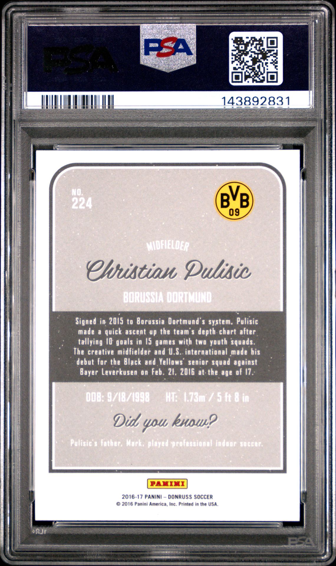 2016 Panini Donruss Christian Pulisic #224 (Holographic) Mint 9 back