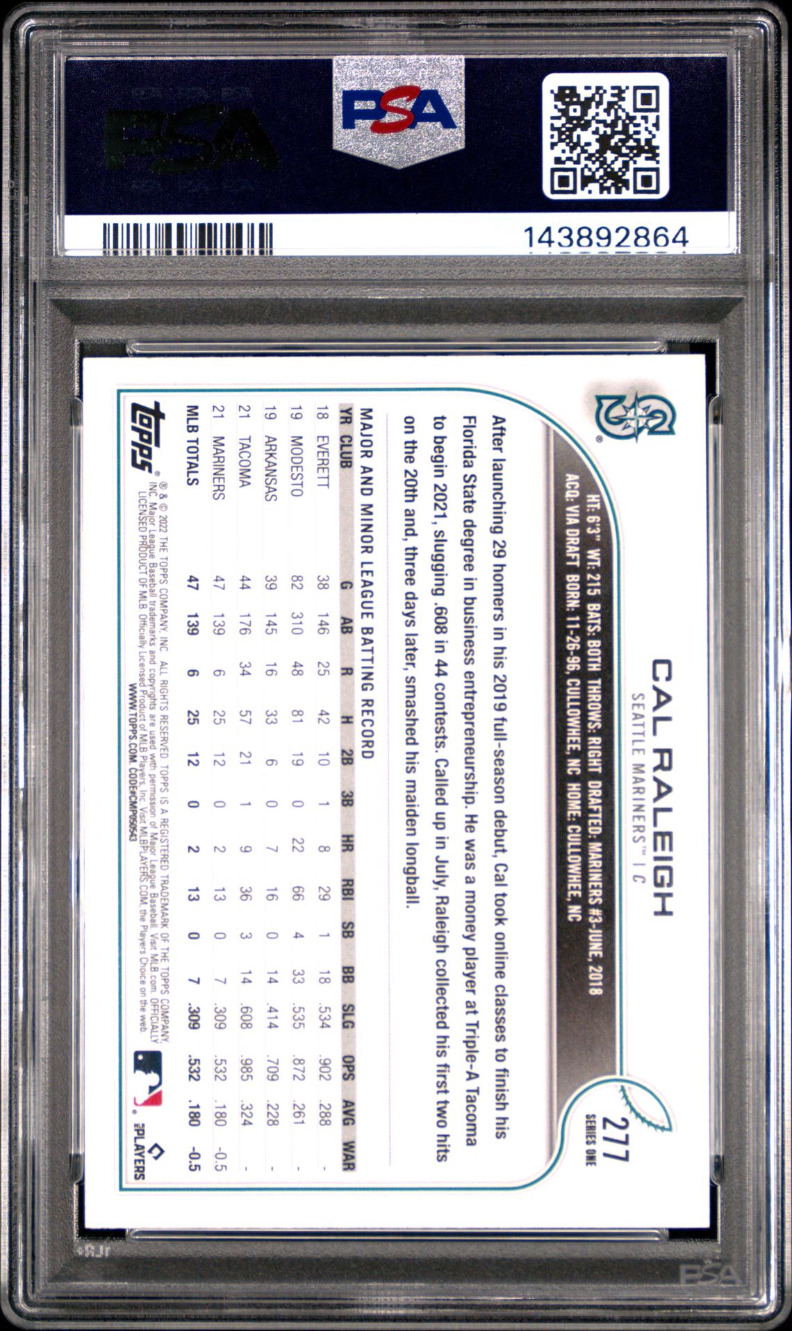 2022 Topps Cal Raleigh #277 (Rainbow Foil) Mint 9 back