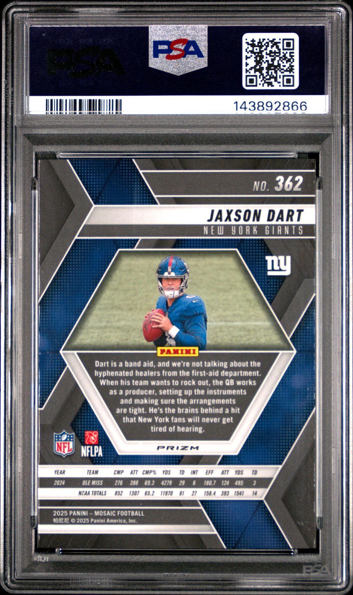2025 Panini Mosaic Jaxson Dart #362 (Mosaic) Gem Mt 10 back