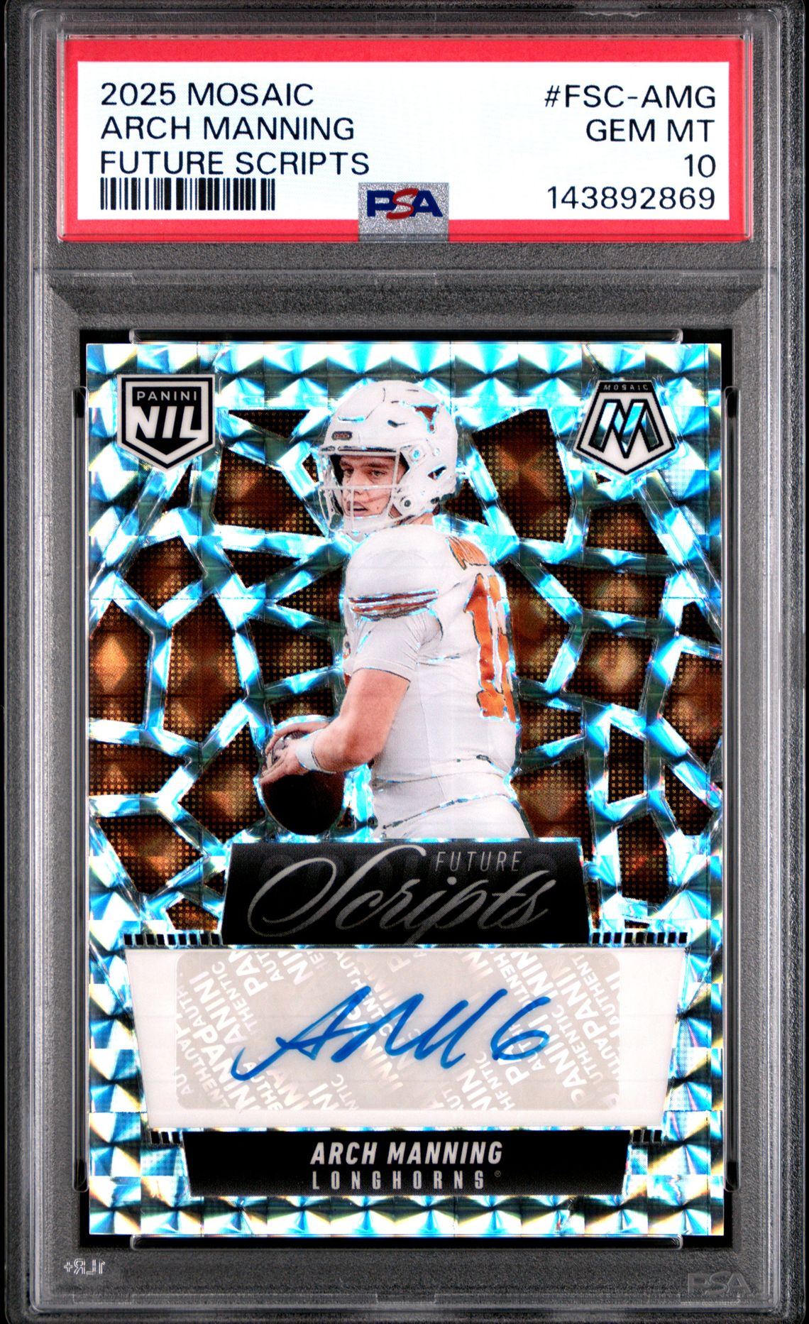 2025 Panini Mosaic Future Scripts Arch Manning #Fsc-Amg Gem Mt 10 front