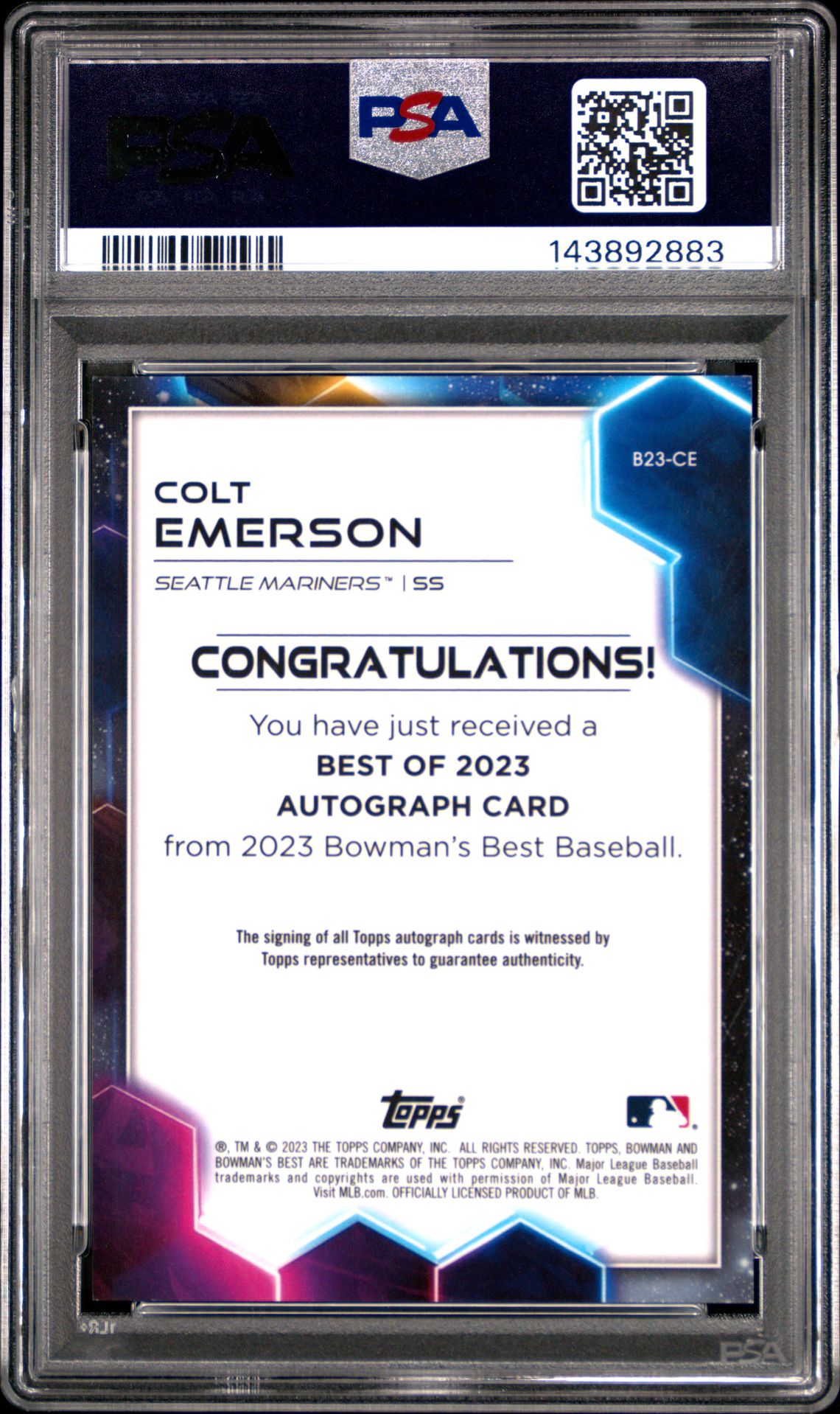 2023 Bowman's Best Best Of 2023 Autographs Colt Emerson #B23Ce Mint 9 back