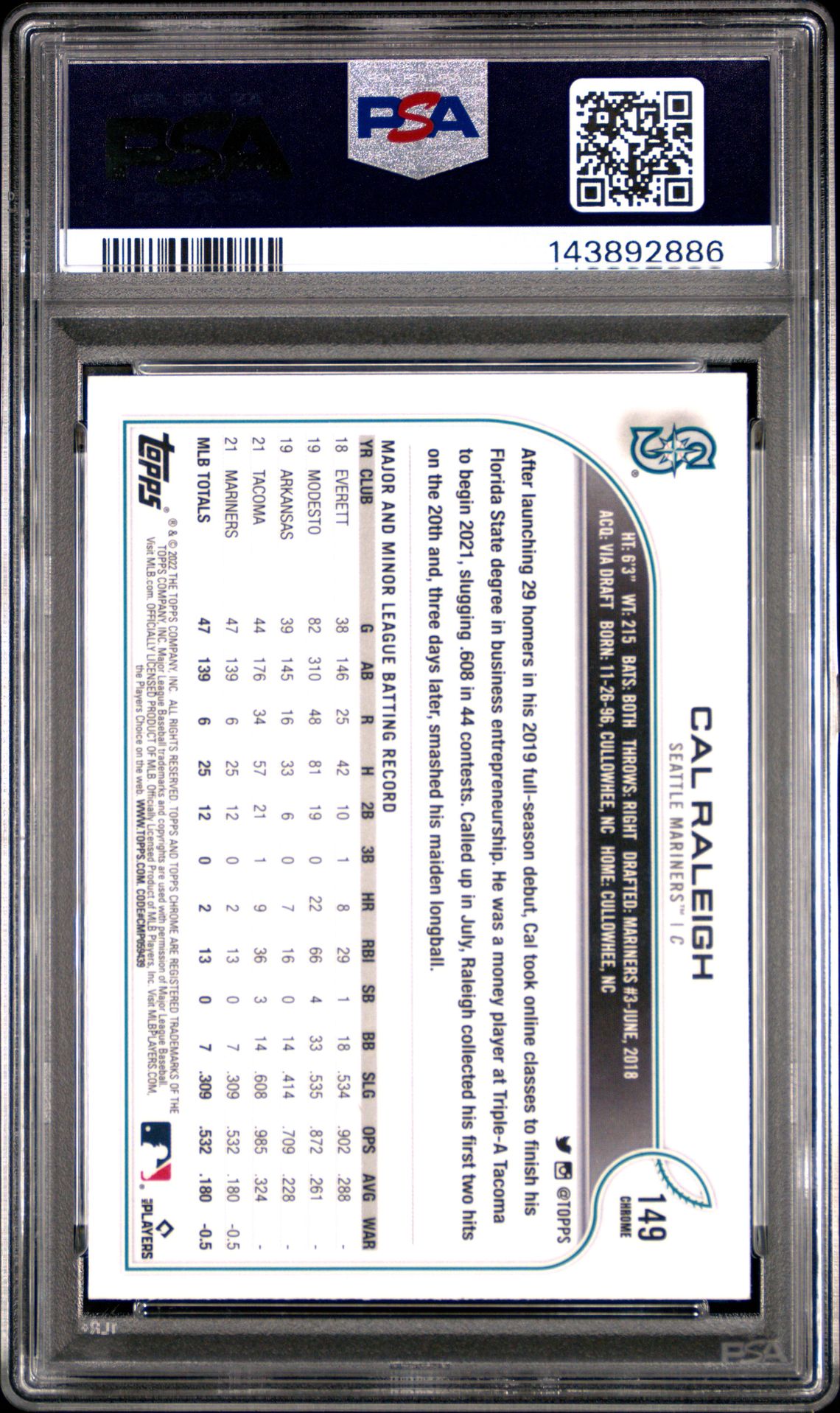 2022 Topps Chrome Sonic Cal Raleigh #149 (B/W Raywave Refractor) Gem Mt 10 back