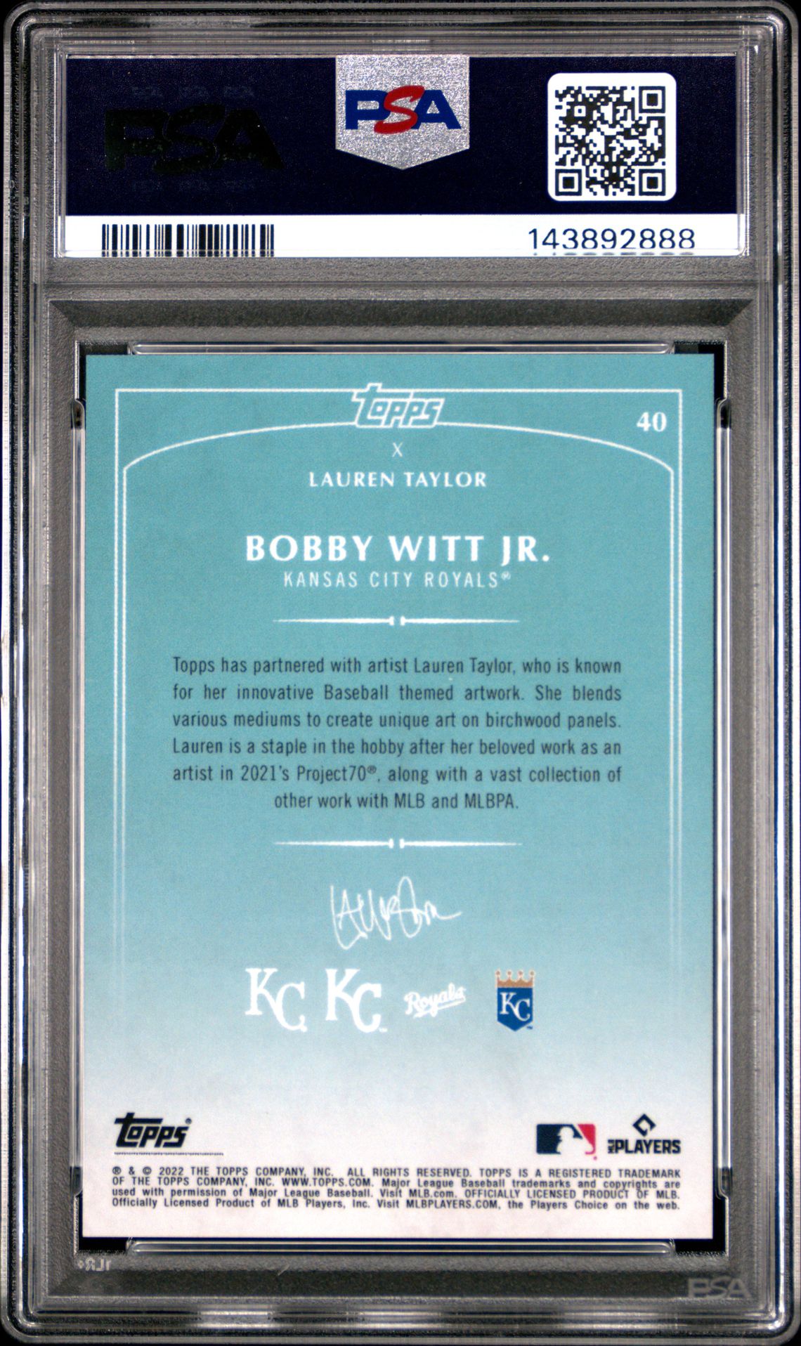 2022 Topps X Lauren Taylor Bobby Witt Jr. #40 Mint 9 back