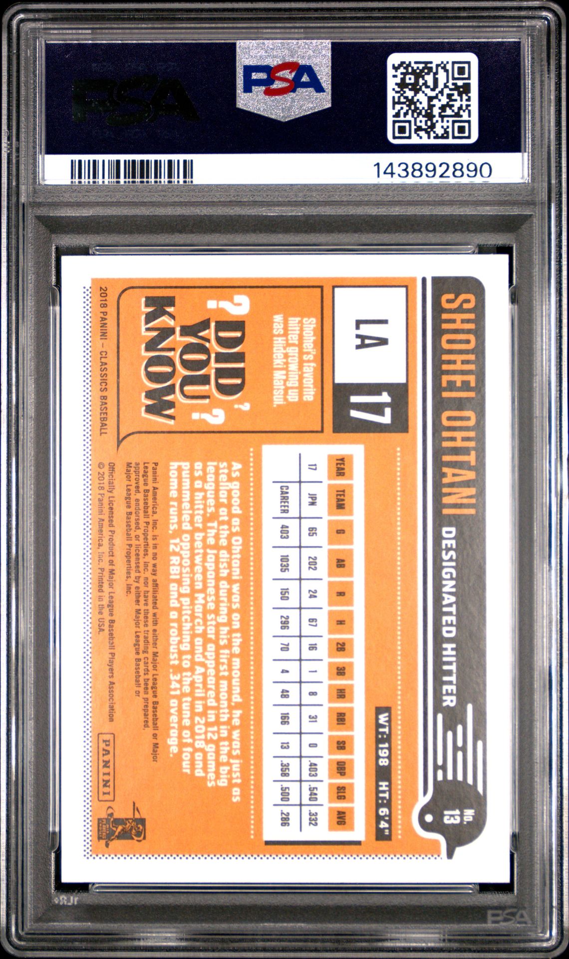 2018 Panini Chronicles Classics Shohei Ohtani #13 (Classics) Gem Mt 10 back