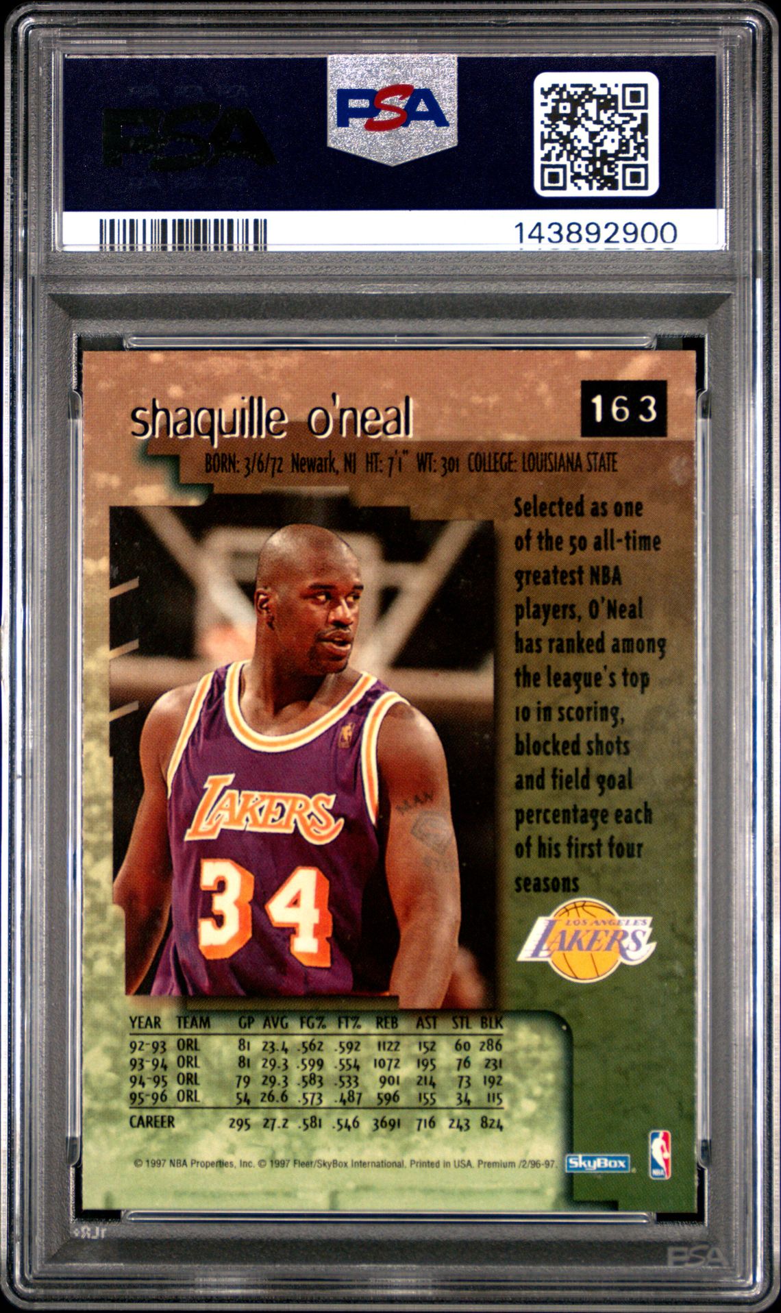 1996 Skybox Premium Shaquille O'neal #163 (Rubies) Nm 7 back