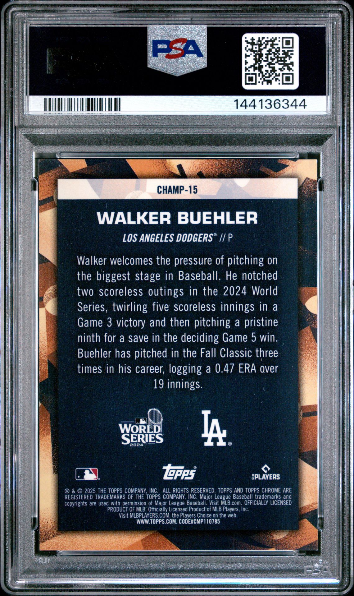 2025 Topps Chrome Champion Walker Buehler #Champ15 Mint 9 back