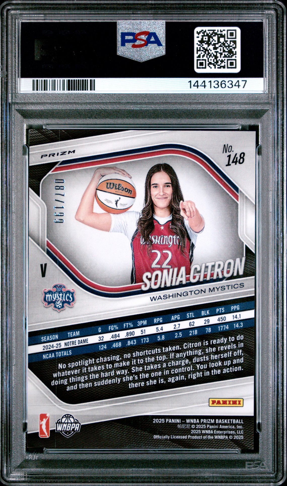 2025 Panini Prizm Wnba Sonia Citron #148 (Red Pandora) Gem Mt 10 back