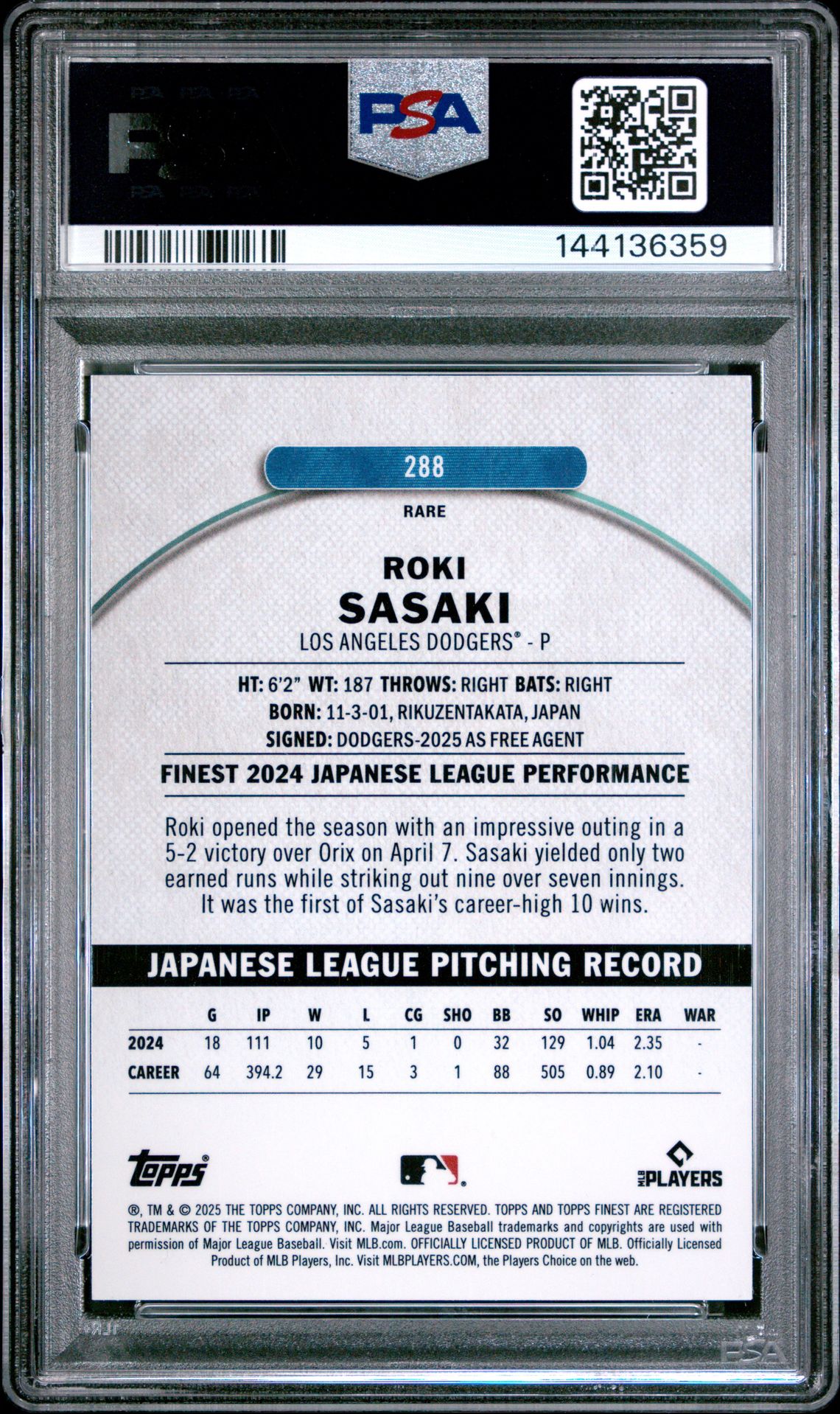 2025 Topps Finest Roki Sasaki #288 (Purple Checkerboard) Mint 9 back