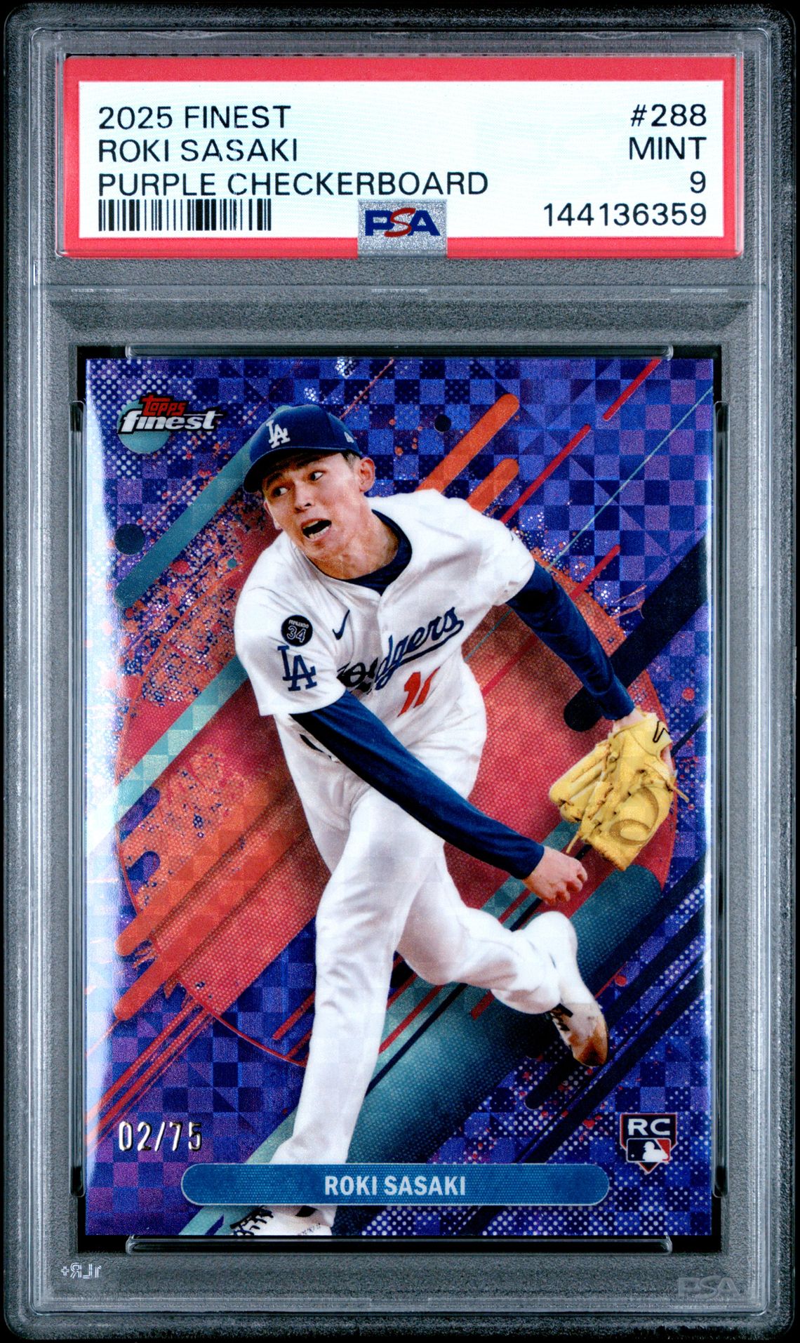 2025 Topps Finest Roki Sasaki #288 (Purple Checkerboard) Mint 9 front