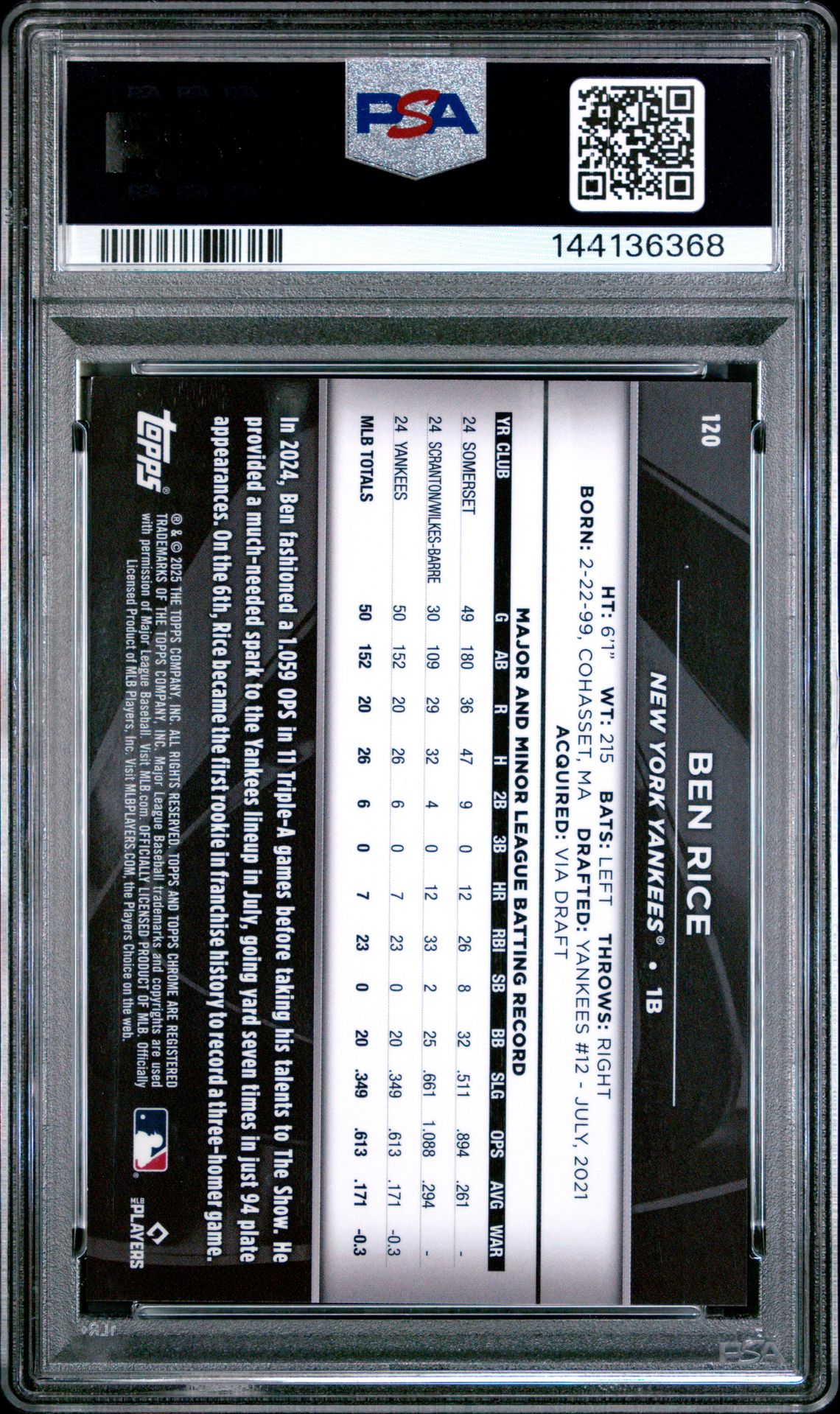 2025 Topps Chrome Black Ben Rice #120 (Blue Refractor) Gem Mt 10 back