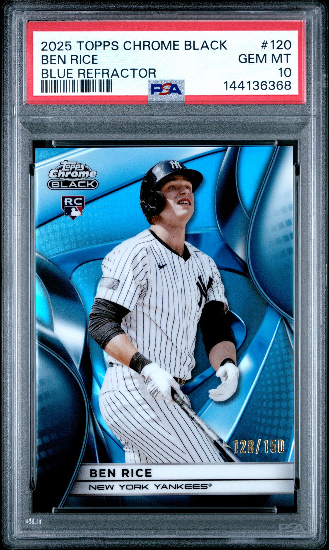 2025 Topps Chrome Black Ben Rice #120 (Blue Refractor) Gem Mt 10 front