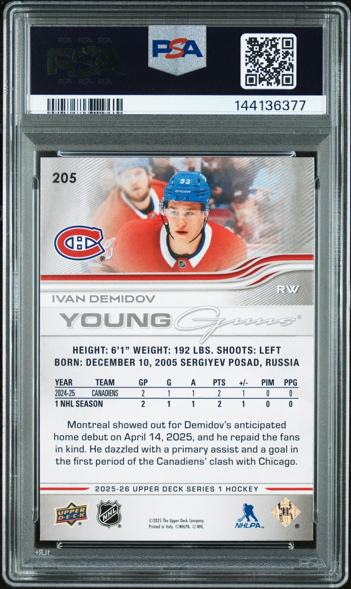 2025 Upper Deck Ivan Demidov #205 Mint 9 back