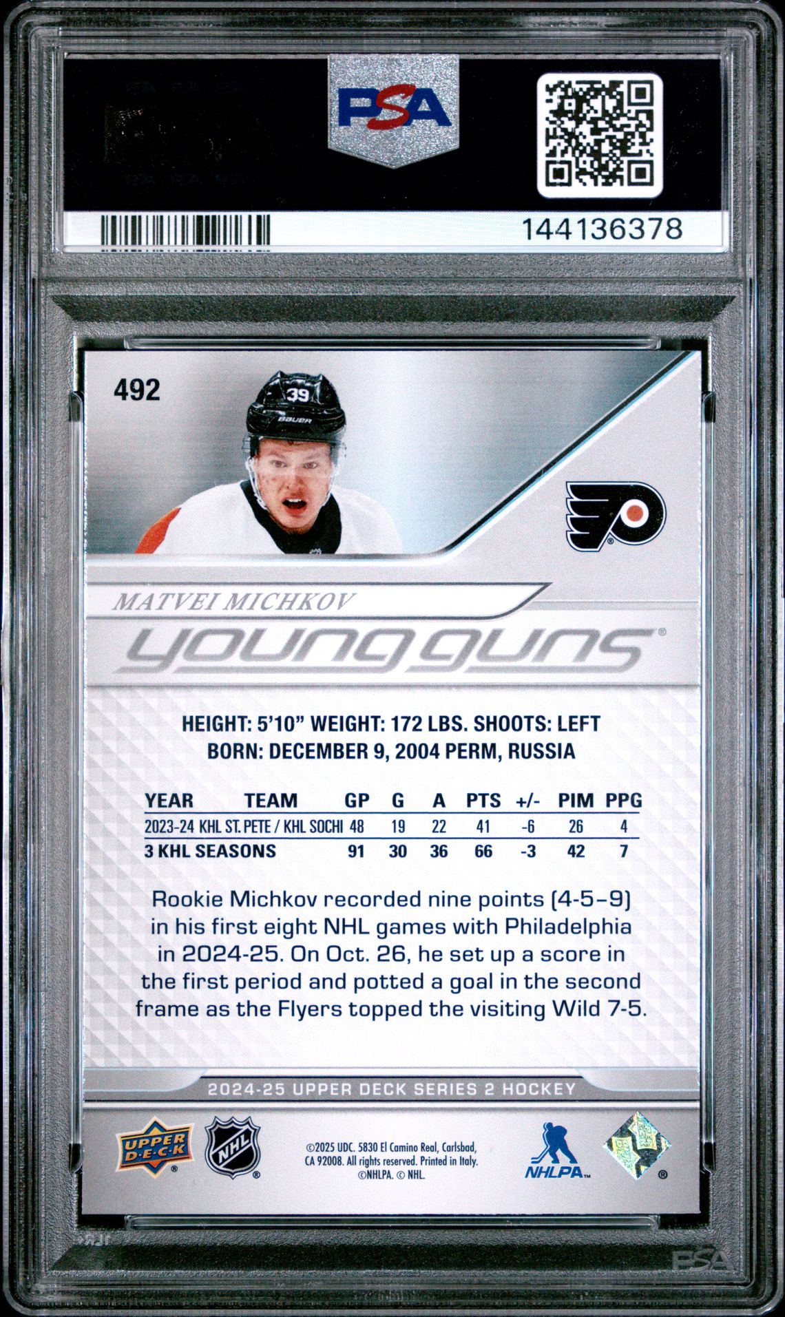 2024 Upper Deck Matvei Michkov #492 Gem Mt 10 back