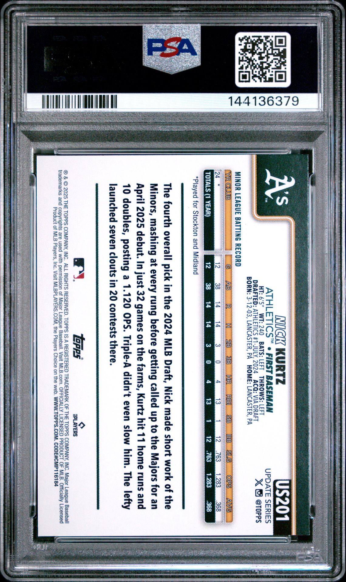 2025 Topps Update Nick Kurtz #201 (Rainbow Foil) Gem Mt 10 back