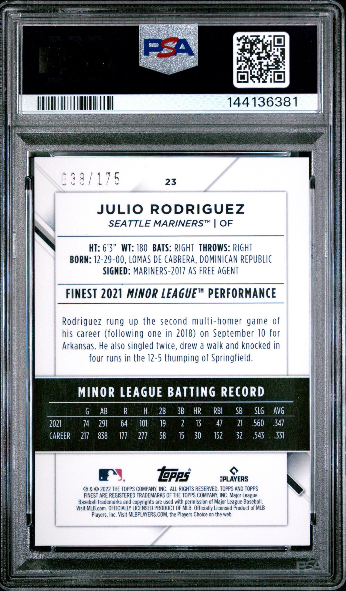2022 Topps Finest Julio Rodriguez #23 (Aqua Shimmer Refractor) Gem Mt 10 back