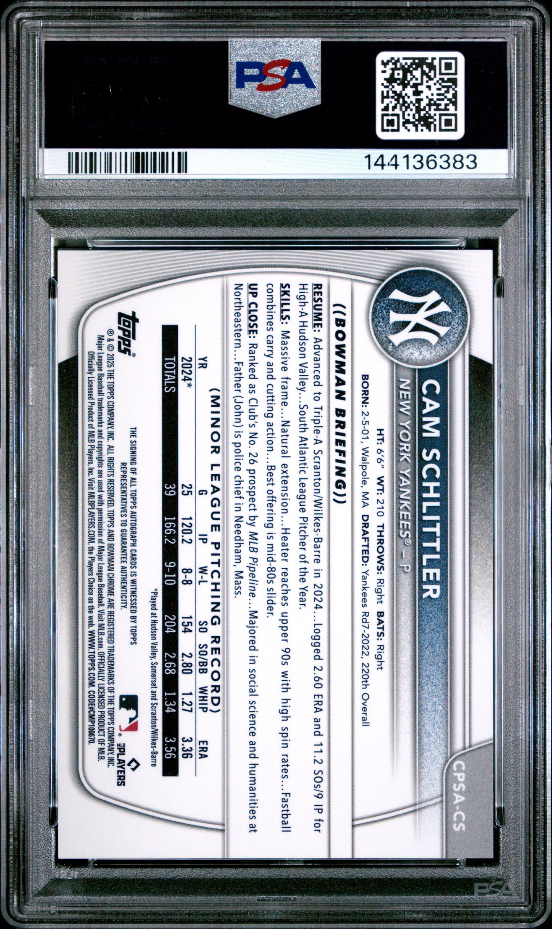 2025 Bowman Chrome Sapphire Edition Chrome Prospects Autographs Cam Schlittler #Cs Mint 9 back