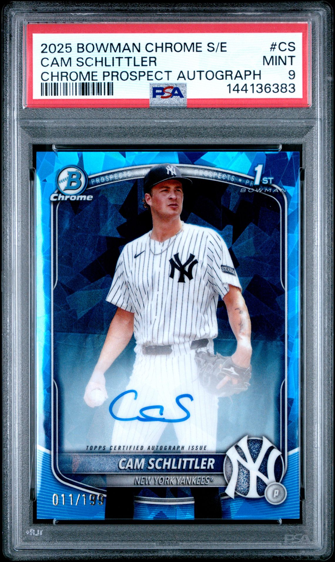 2025 Bowman Chrome Sapphire Edition Chrome Prospects Autographs Cam Schlittler #Cs Mint 9 front