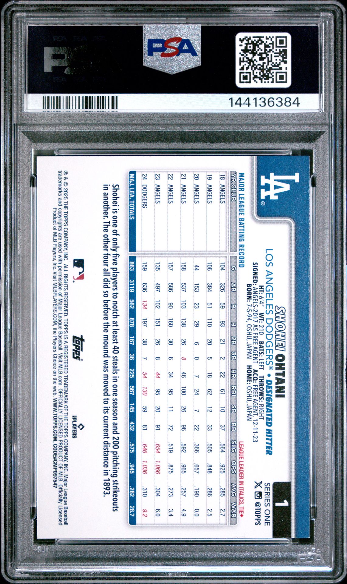 2025 Topps Shohei Ohtani #1 (Holo Foil) Gem Mt 10 back