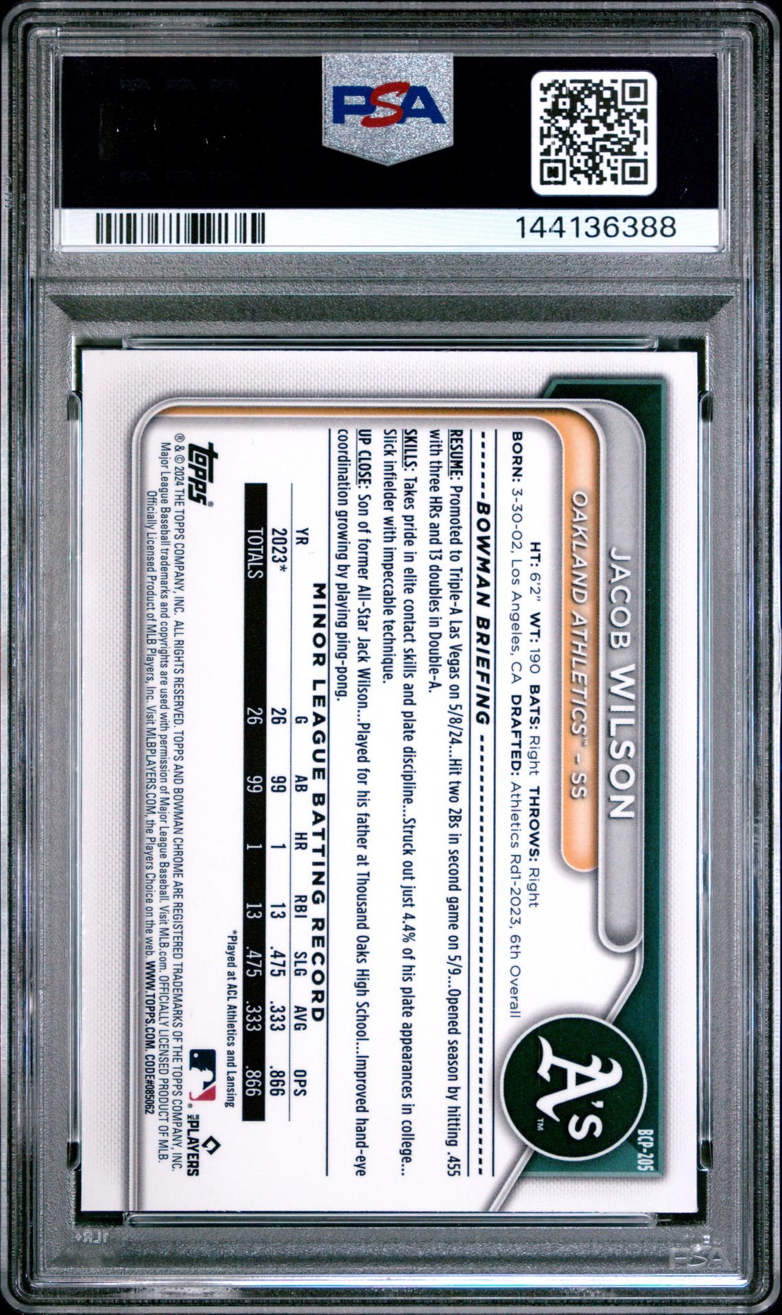 2024 Bowman Chrome Prospects Jacob Wilson #Bcp205 (Prospects-Green Shimmer) Mint 9 back