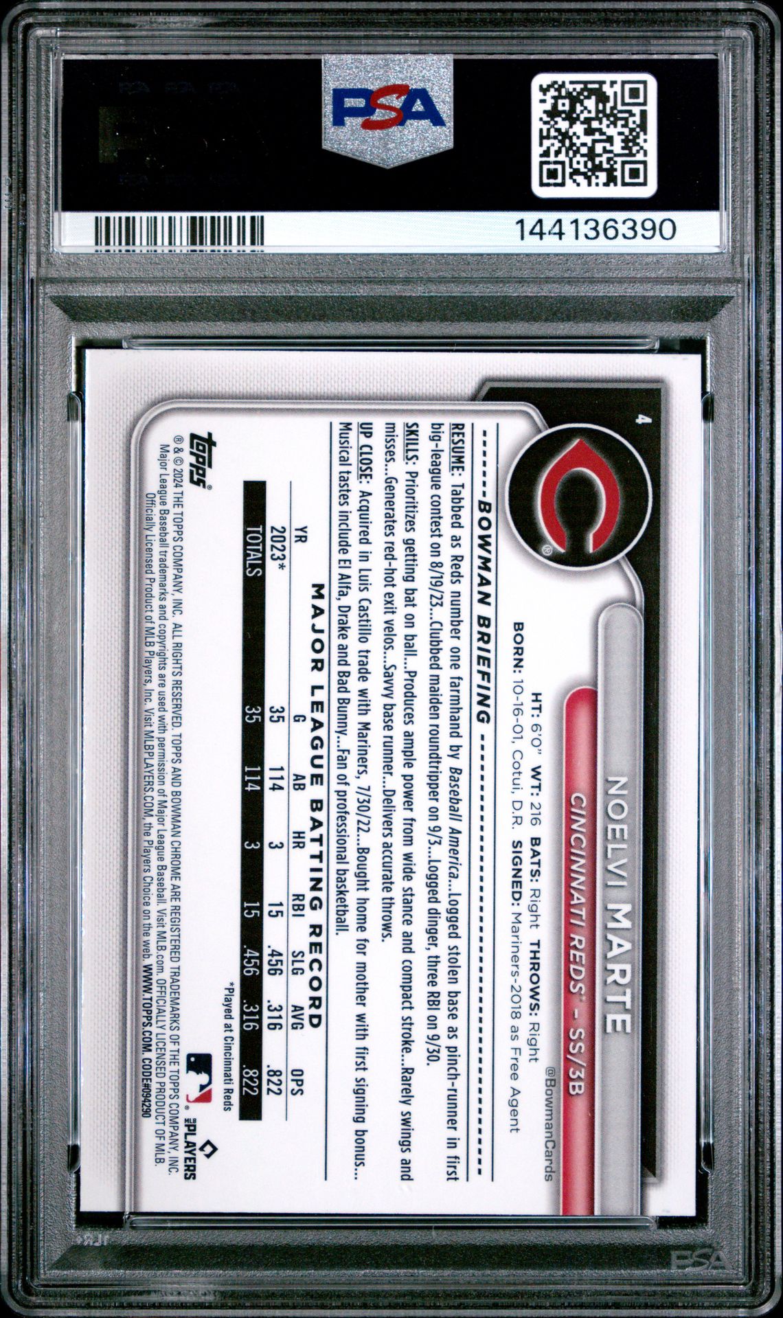 2024 Bowman Chrome Mega Box Noelvi Marte #4 (Green Refractor) Mint 9 back