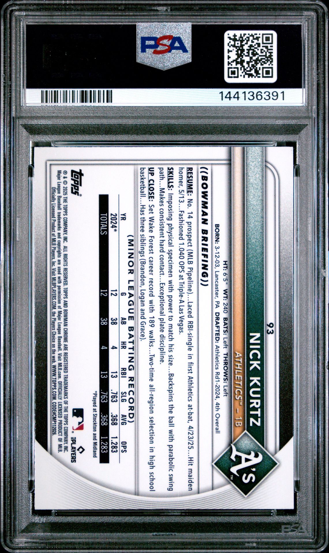 2025 Bowman Chrome Nick Kurtz #93 (Geometric Refractor) Gem Mt 10 back