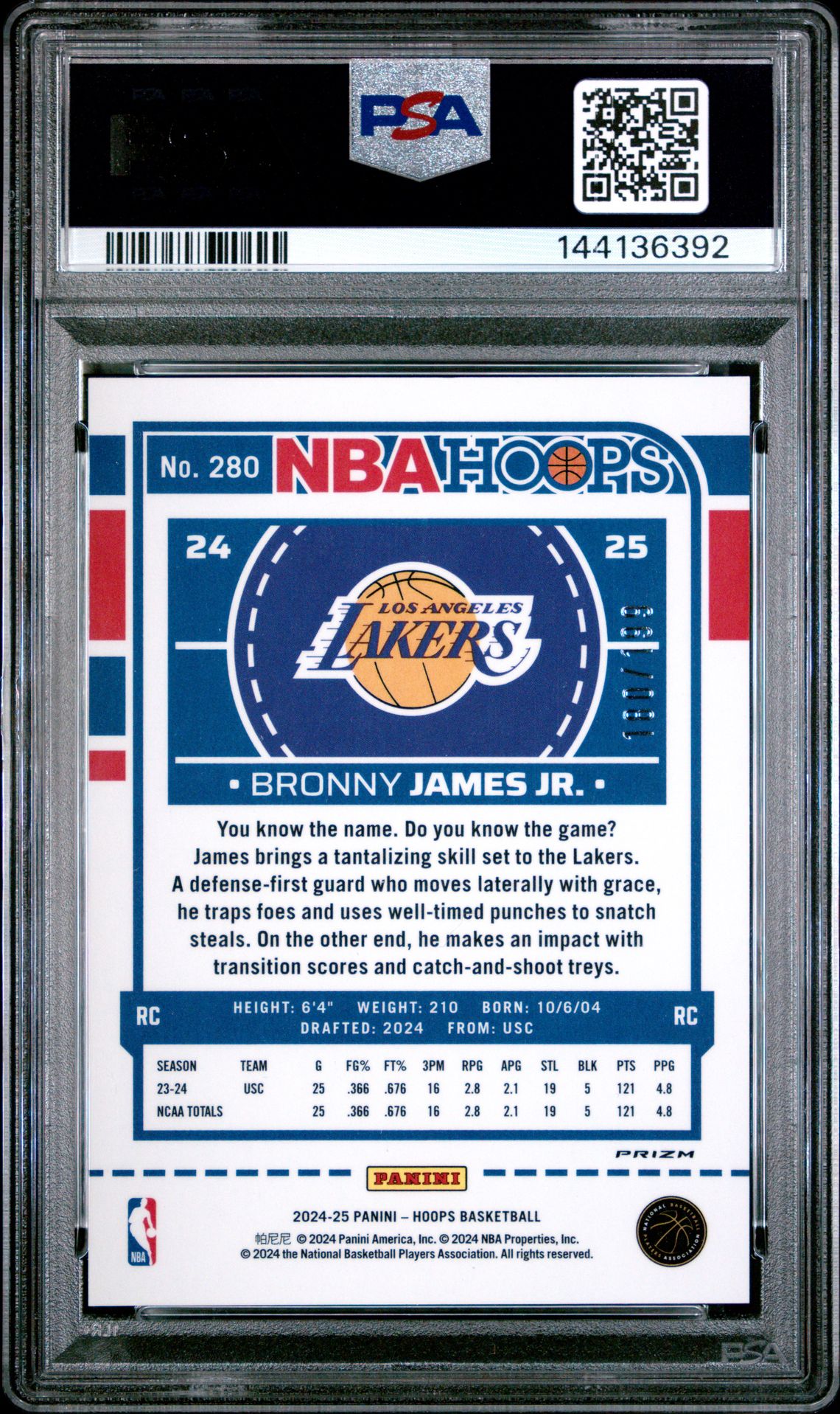 2024 Panini Nba Hoops Bronny James Jr. #280 (Premium Prizms Red Pulsar) Mint 9 back